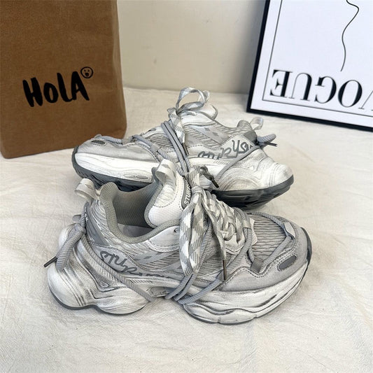 Distressed Retro Thick-Sole Sneakers